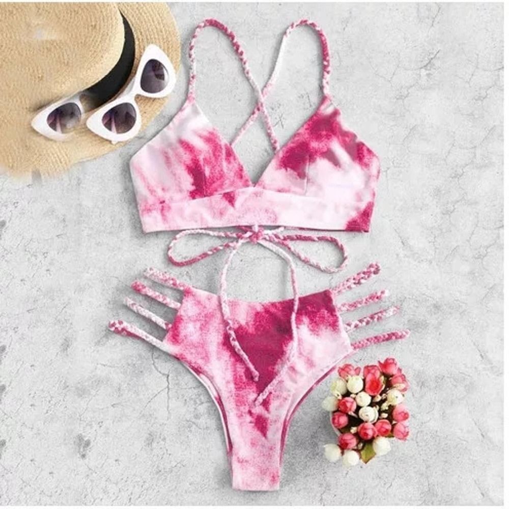 Alexis Pink ♡ Braided Tie Dye Racerback Corset Strappy Bikini M